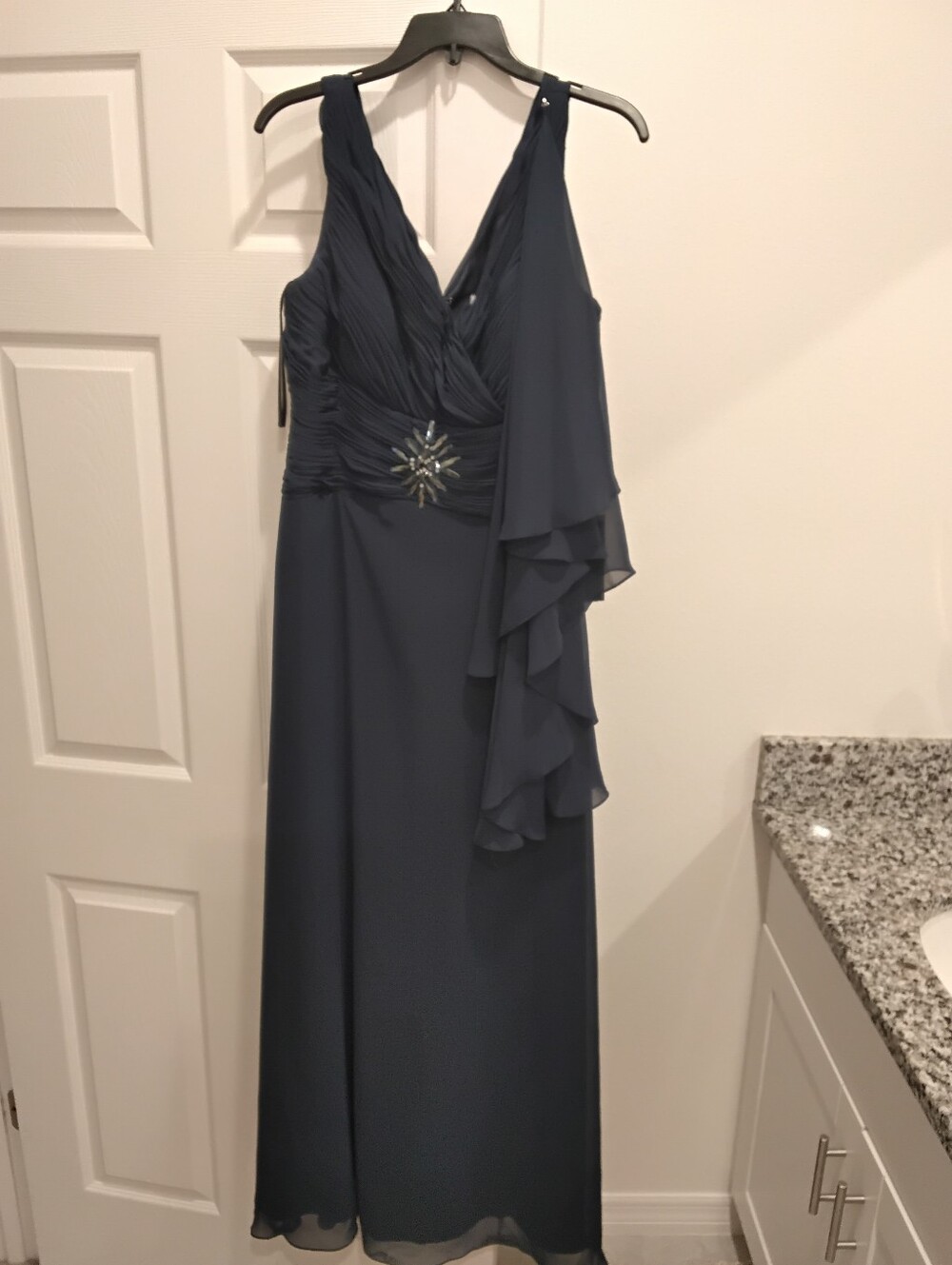 Navy Blue Sleeveless V-Neck Maxi Dress with Draped Ruffle